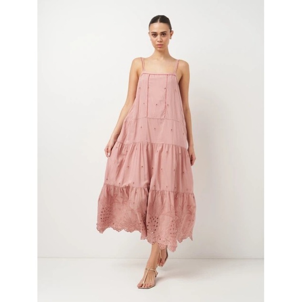 Zara Pink Maxi Dress Eyelet Cottagecore Wedding Guest Coquette Boho Sundress XS
